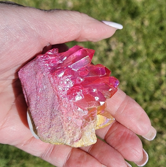 Yellow & Pink Aura Quartz Cluster - Picture 3 of 5